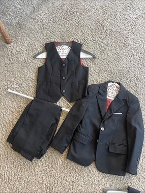 Amazon Boys Black 3-Piece Suit with Red Lining - Blazer, Vest & Pants